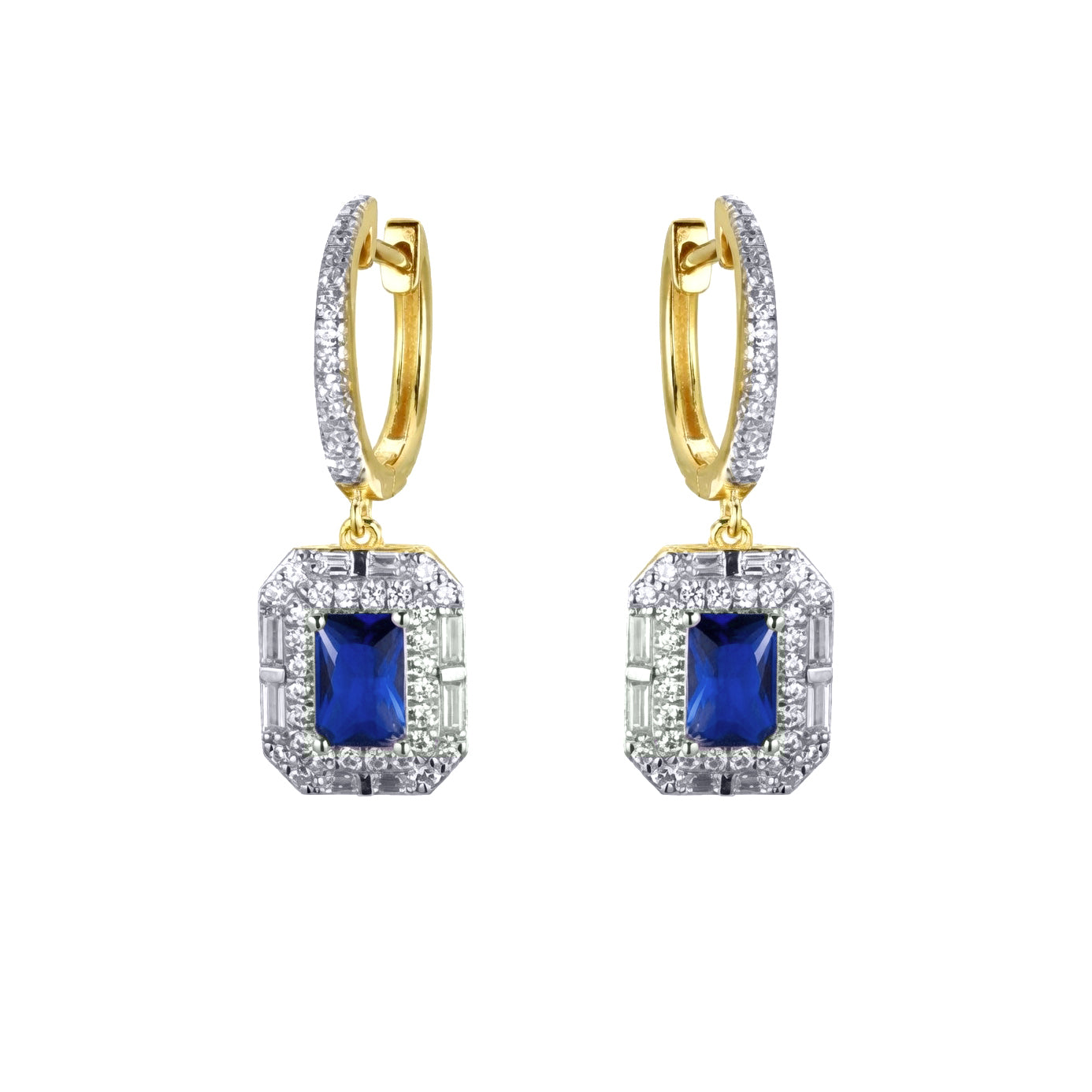 Gold-plated Silver  Blue Radiant CZ Octagon Eternity Drop Earrings - AER199B-GP