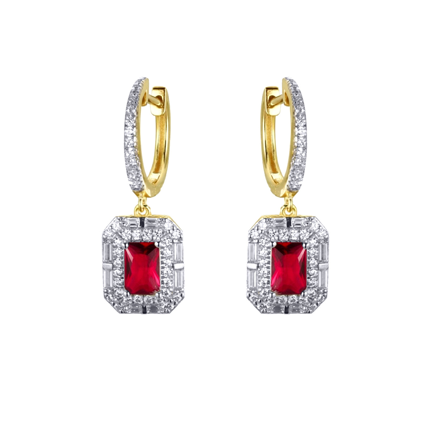 Gold-plated Silver  Red Radiant CZ Octagon Eternity Drop Earrings - AER199R-GP