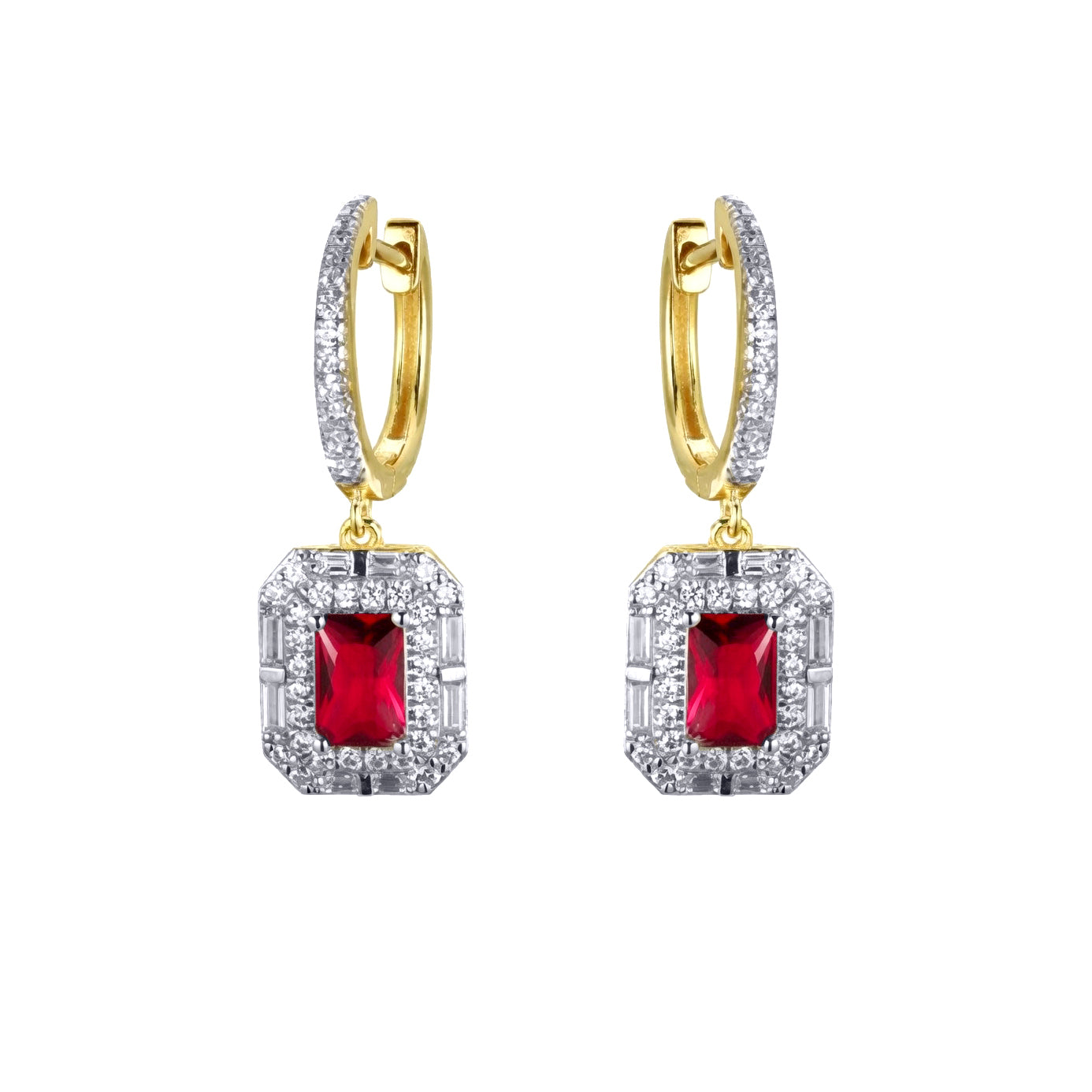 Gold-plated Silver  Red Radiant CZ Octagon Eternity Drop Earrings - AER199R-GP