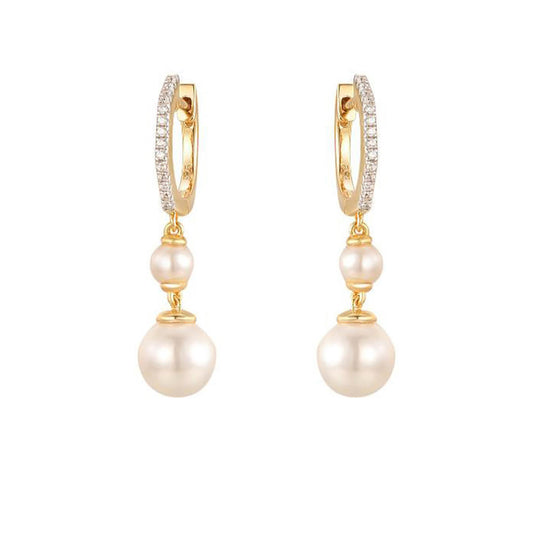 Gold-plated Silver  Pearl CZ Eternity Octagonal Hoop Drop Earrings - AER200-GP