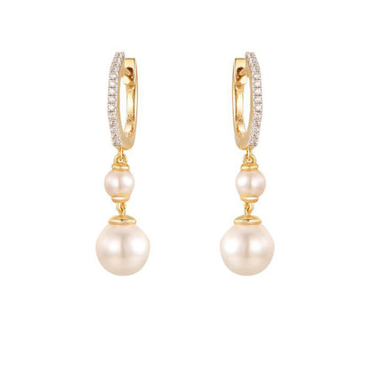 Gold-plated Silver  Pearl CZ Eternity Octagonal Hoop Drop Earrings - AER200-GP