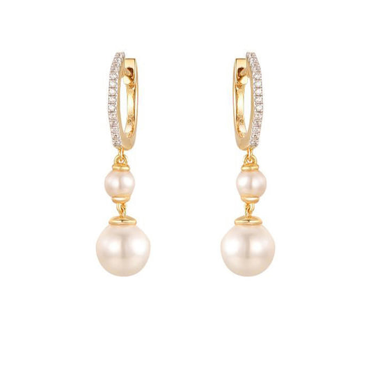 Gold-plated Silver  Pearl CZ Eternity Octagonal Hoop Drop Earrings - AER200-GP