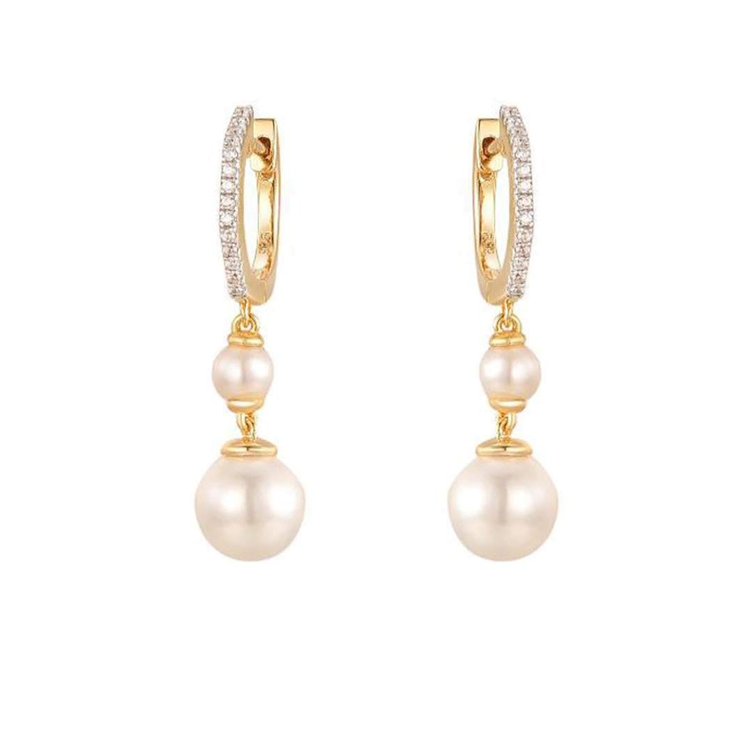 Gold-plated Silver  Pearl CZ Eternity Octagonal Hoop Drop Earrings - AER200-GP