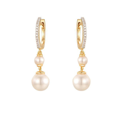 Gold-plated Silver  Pearl CZ Eternity Octagonal Hoop Drop Earrings - AER200-GP