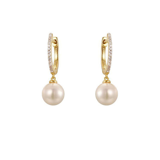 Gold-plated Silver  Pearl & CZ Full Moon Eternity Drop Earrings - AER202-GP