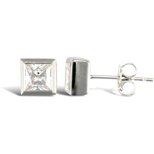 Silver  CZ rub over studs sqaure Stud Earrings - AES017