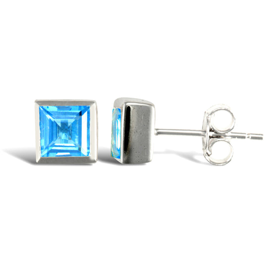 Sterling Silver  rub over Blue Topaz studs square Stud Earrings - AES021