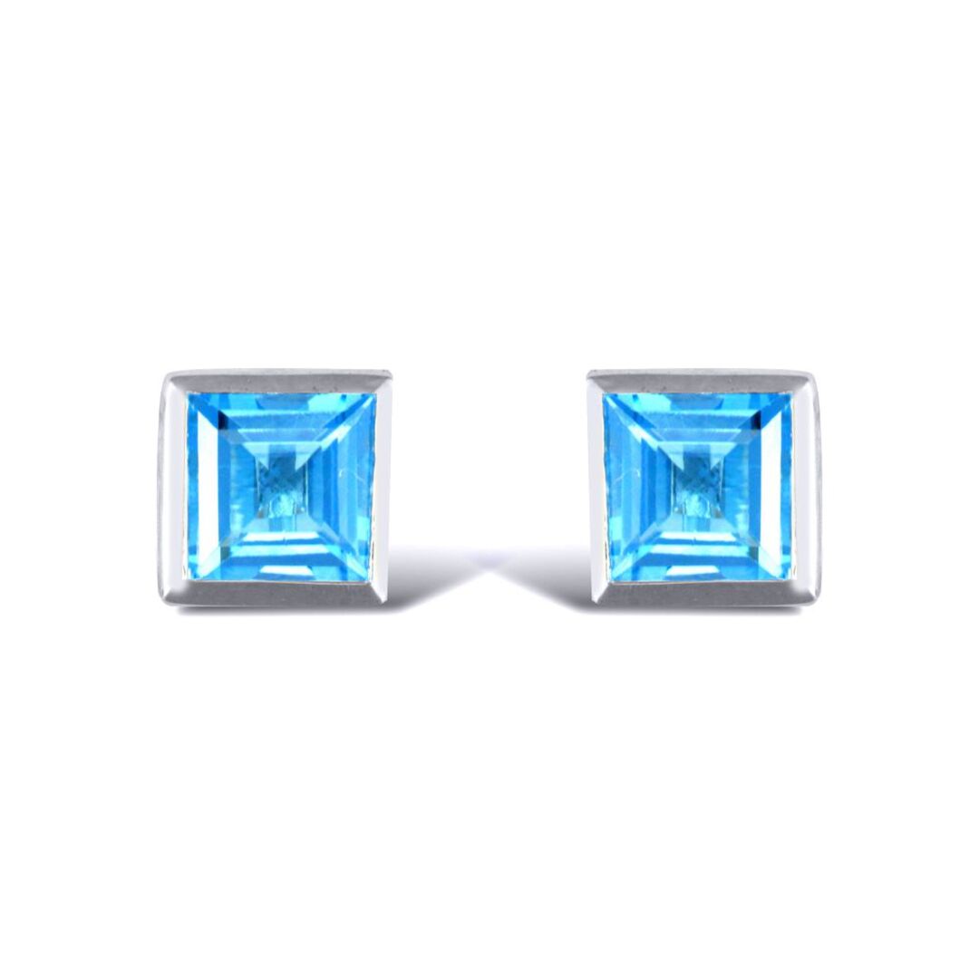 Sterling Silver  rub over Blue Topaz studs square Stud Earrings - AES021