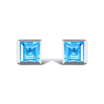 Sterling Silver  rub over Blue Topaz studs square Stud Earrings - AES021