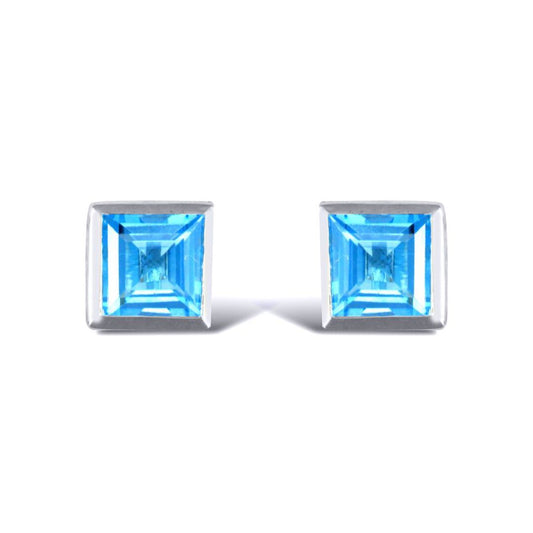 Sterling Silver  rub over Blue Topaz studs square Stud Earrings - AES021