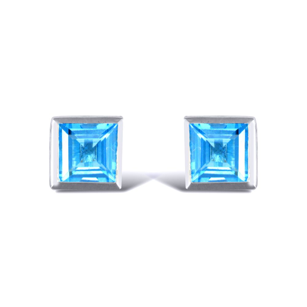 Sterling Silver  rub over Blue Topaz studs square Stud Earrings - AES021