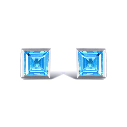 Sterling Silver  rub over Blue Topaz studs square Stud Earrings - AES021