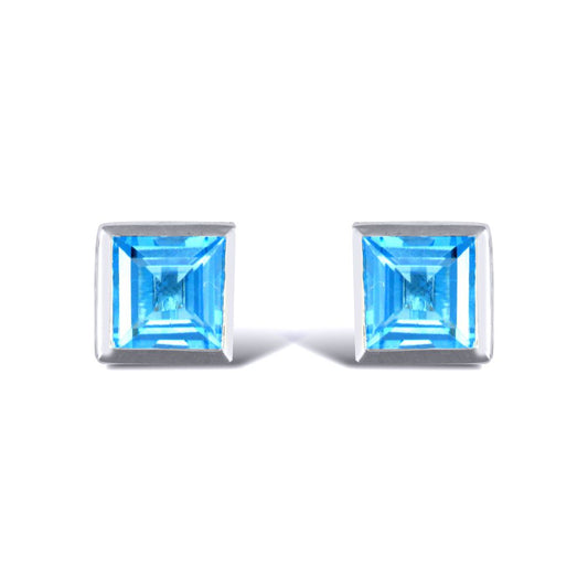 Sterling Silver  rub over Blue Topaz studs square Stud Earrings - AES021