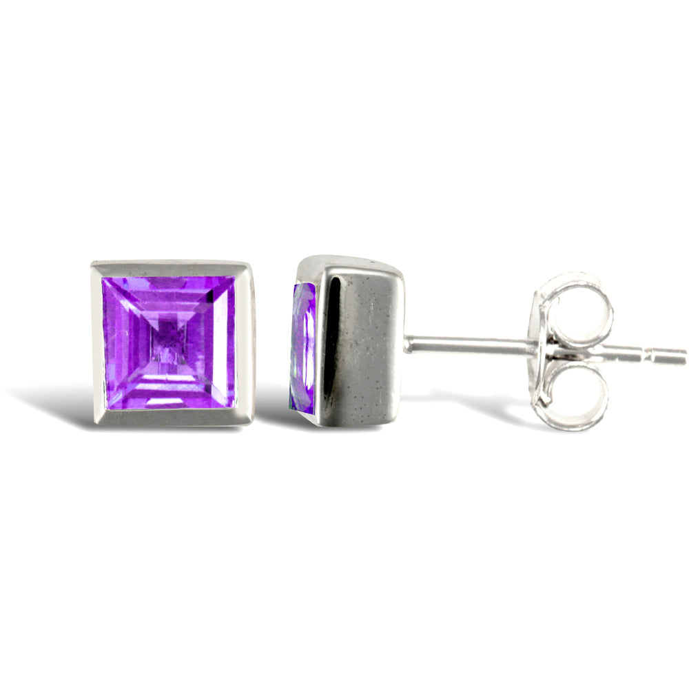 Sterling Silver  rub over Amethyst studs square Stud Earrings - AES025