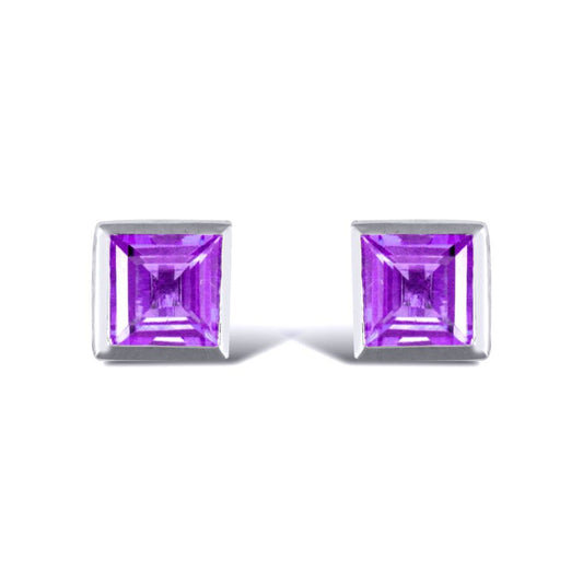Sterling Silver  rub over Amethyst studs square Stud Earrings - AES025
