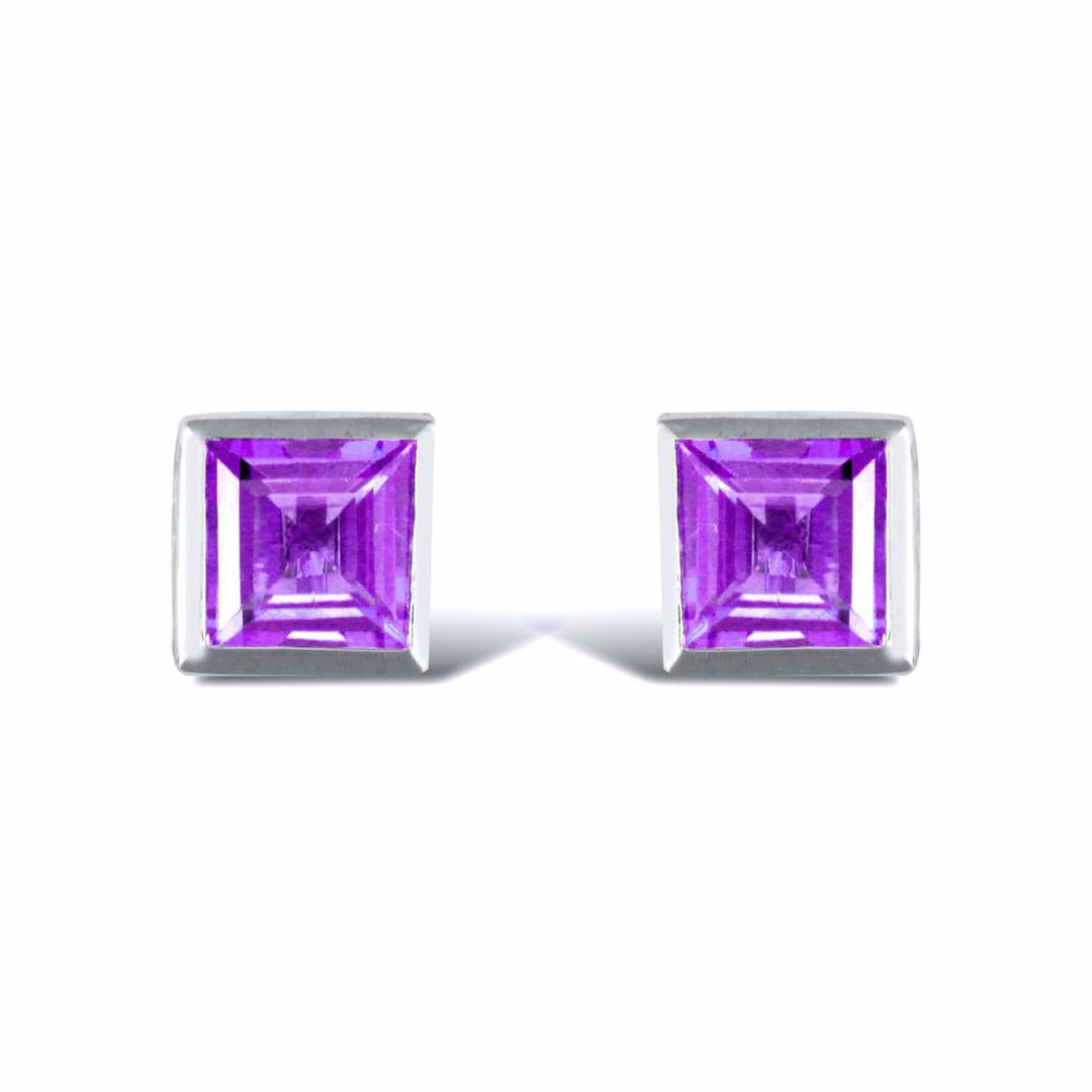 Sterling Silver  rub over Amethyst studs square Stud Earrings - AES025
