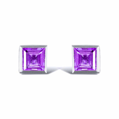 Sterling Silver  rub over Amethyst studs square Stud Earrings - AES025