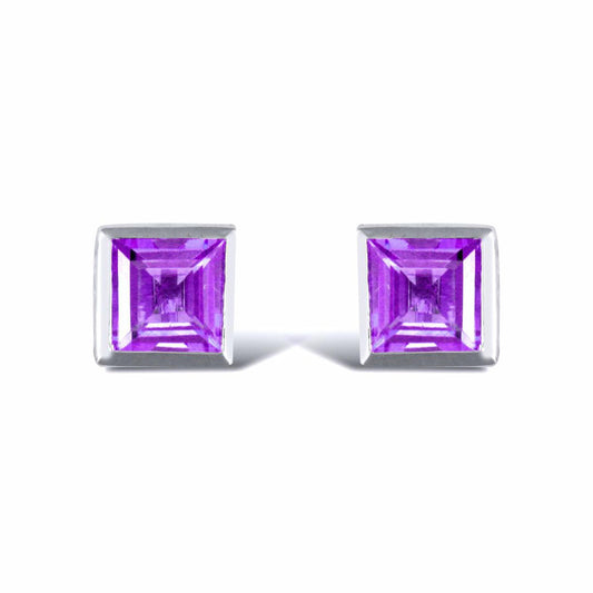 Sterling Silver  rub over Amethyst studs square Stud Earrings - AES025