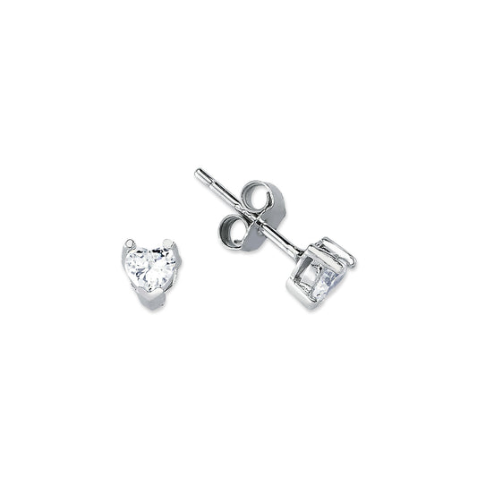 Womens Rhodium Silver  Heart CZ Solitaire Stud Earrings 4mm - AES054