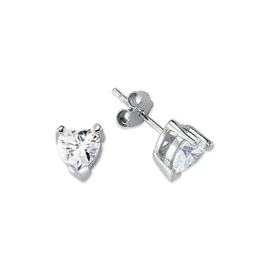 Womens Rhodium Silver  Heart CZ Solitaire Stud Earrings 6mm - AES054B
