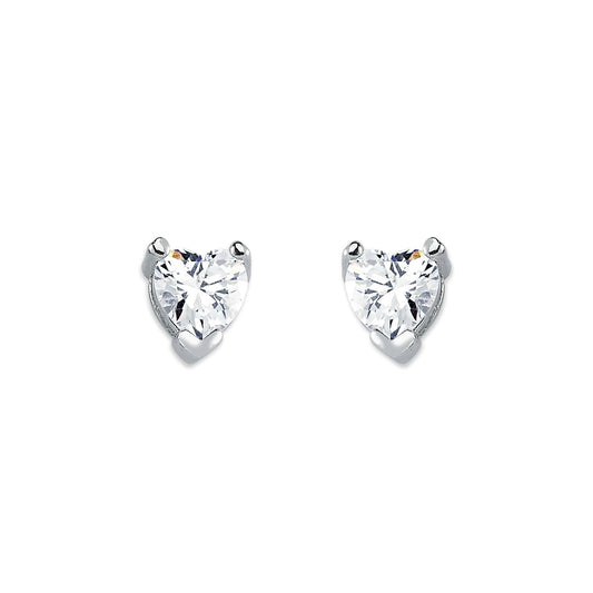 Womens Rhodium Silver  Heart CZ Solitaire Stud Earrings 6mm - AES054B