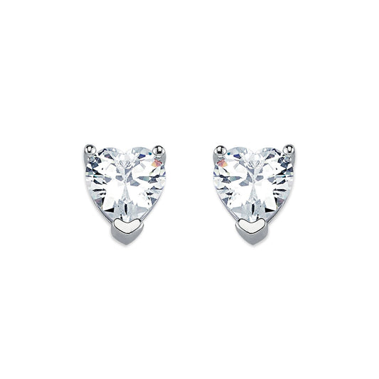 Womens Rhodium Silver  Heart CZ Solitaire Stud Earrings 8mm - AES054C