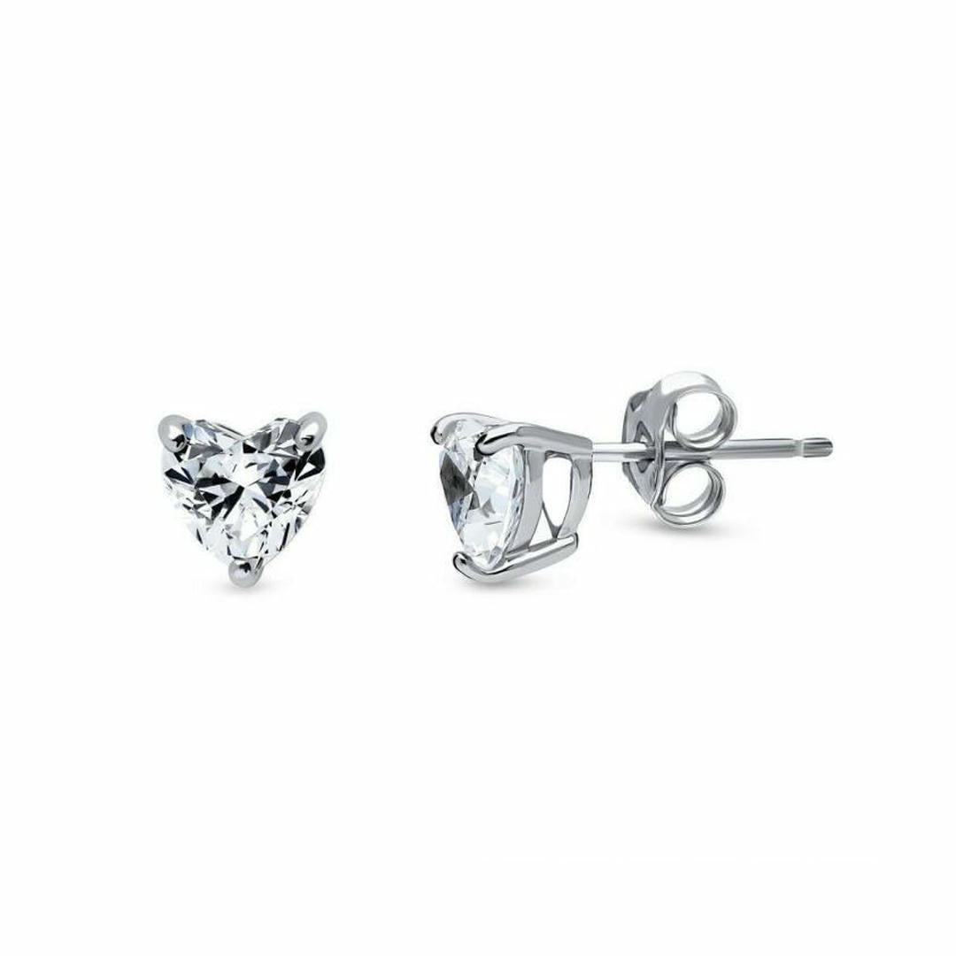 Womens Rhodium Silver  Heart CZ Solitaire Stud Earrings 4mm - AES054
