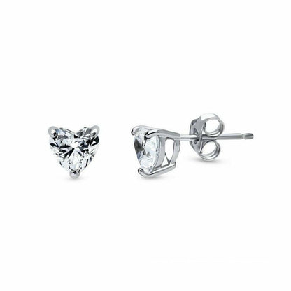 Womens Rhodium Silver  Heart CZ Solitaire Stud Earrings 4mm - AES054