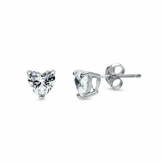 Womens Rhodium Silver  Heart CZ Solitaire Stud Earrings 4mm - AES054