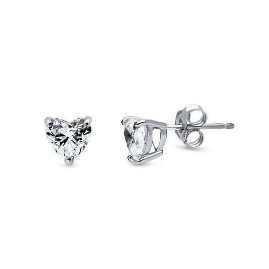 Womens Rhodium Silver  Heart CZ Solitaire Stud Earrings 4mm - AES054