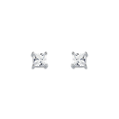 Womens Rhodium Silver  Princess CZ Solitaire Stud Earrings 4mm - AES055A