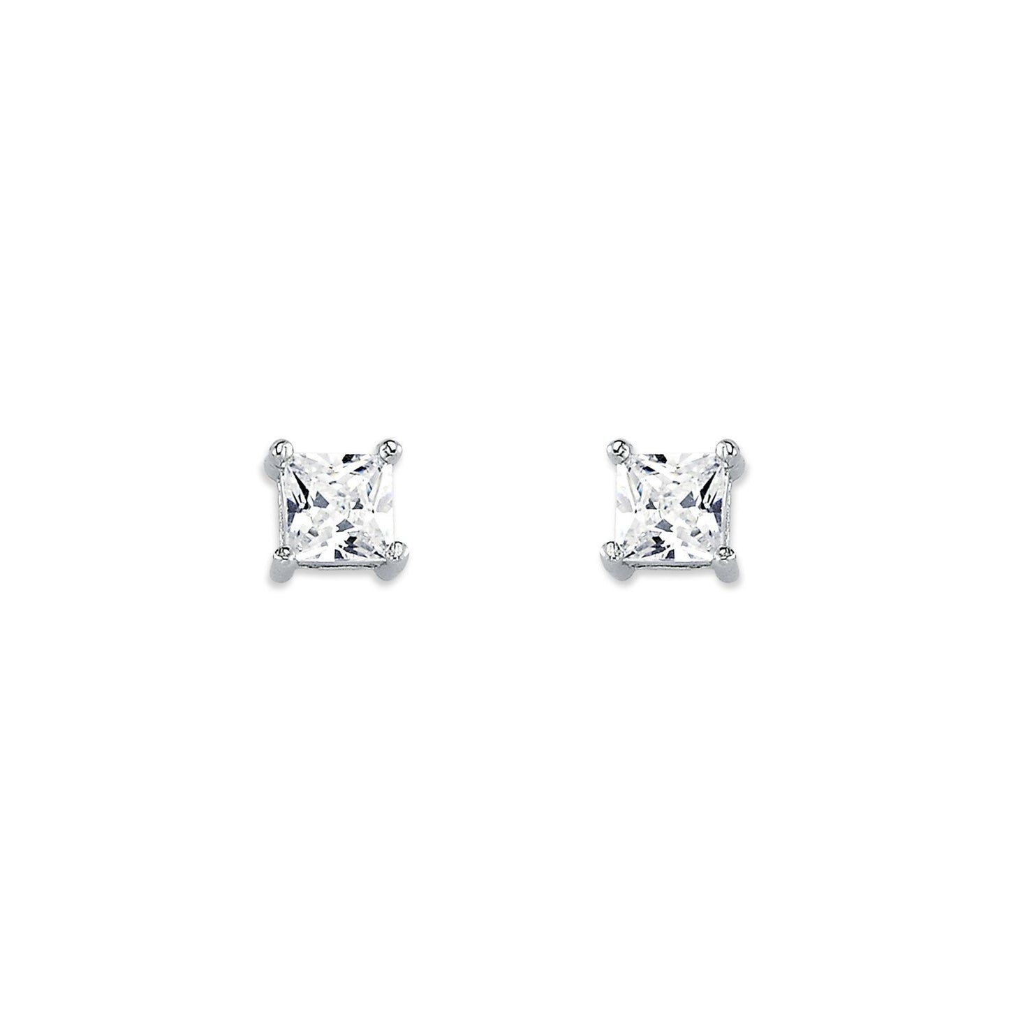 Womens Rhodium Silver  Princess CZ Solitaire Stud Earrings 4mm - AES055A