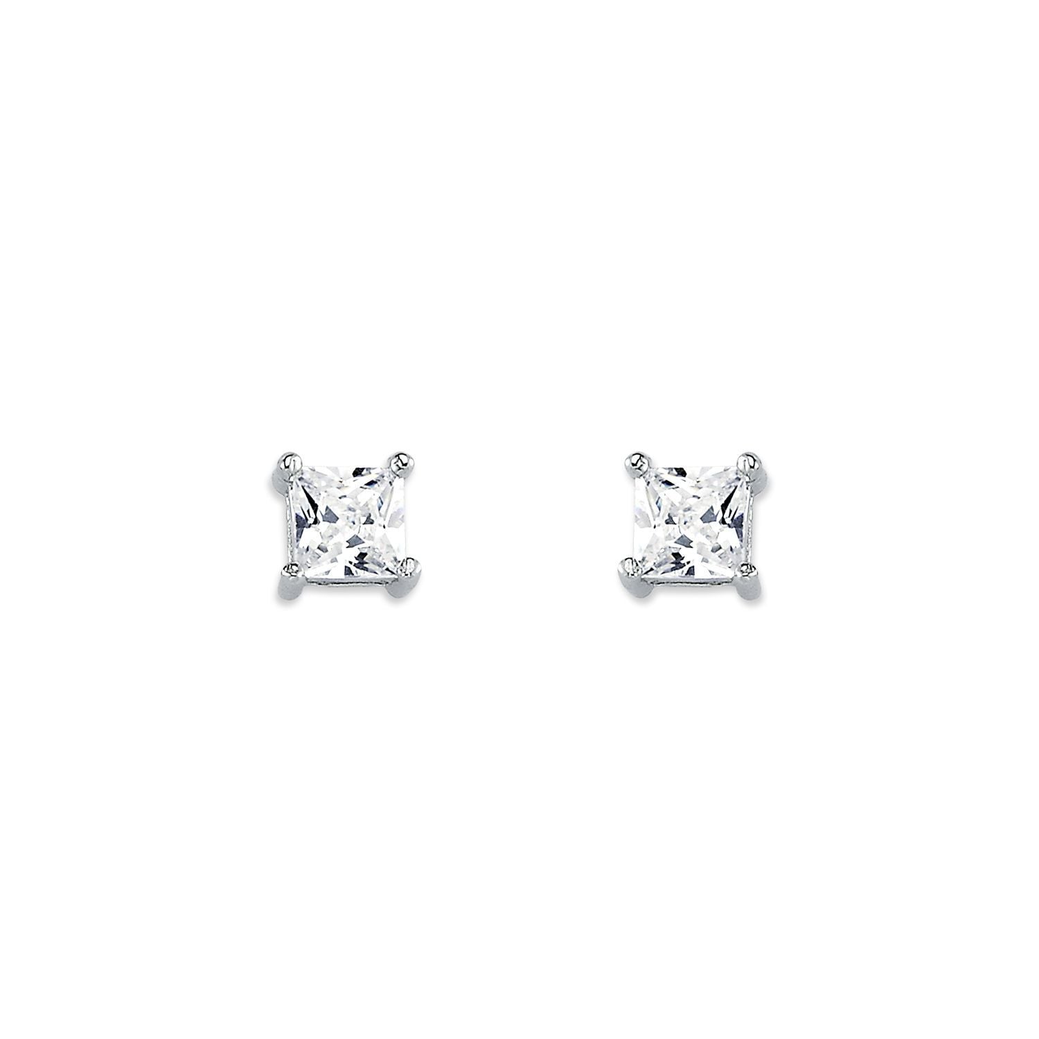 Womens Rhodium Silver  Princess CZ Solitaire Stud Earrings 4mm - AES055A