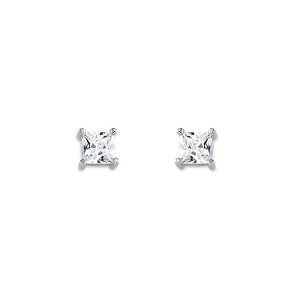 Womens Rhodium Silver  Princess CZ Solitaire Stud Earrings 4mm - AES055A