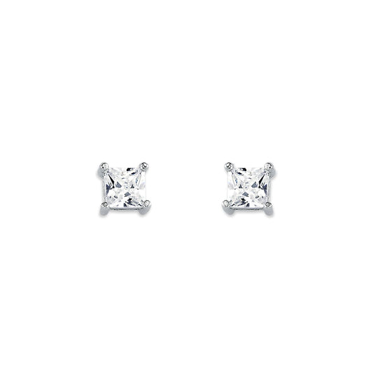 Womens Rhodium Silver  Princess CZ Solitaire Stud Earrings 4mm - AES055A