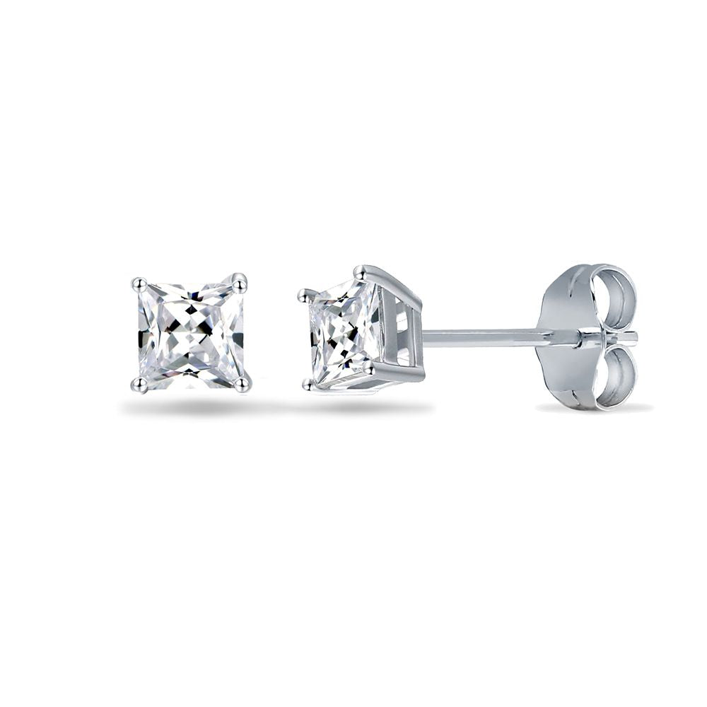 Womens Rhodium Silver  Princess CZ Solitaire Stud Earrings 3mm - AES055