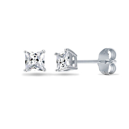 Womens Rhodium Silver  Princess CZ Solitaire Stud Earrings 3mm - AES055