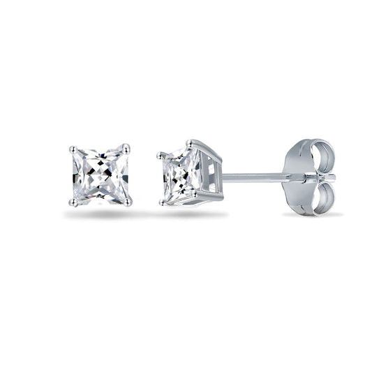 Womens Rhodium Silver  Princess CZ Solitaire Stud Earrings 3mm - AES055