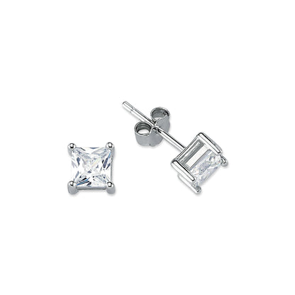 Womens Rhodium Silver  Princess CZ Solitaire Stud Earrings 5mm - AES056