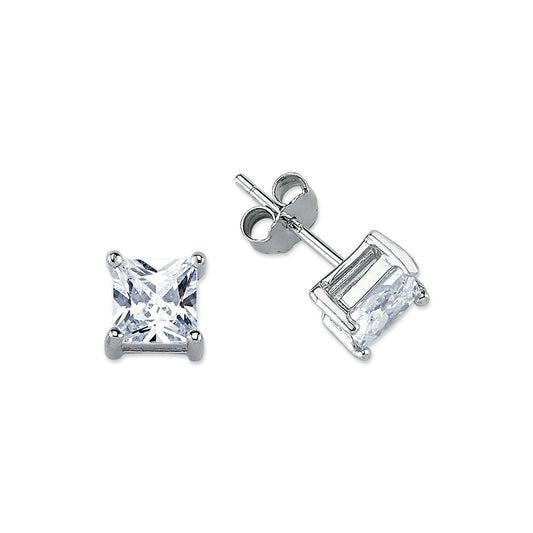 Womens Rhodium Silver  Princess CZ Solitaire Stud Earrings 6mm - AES056A
