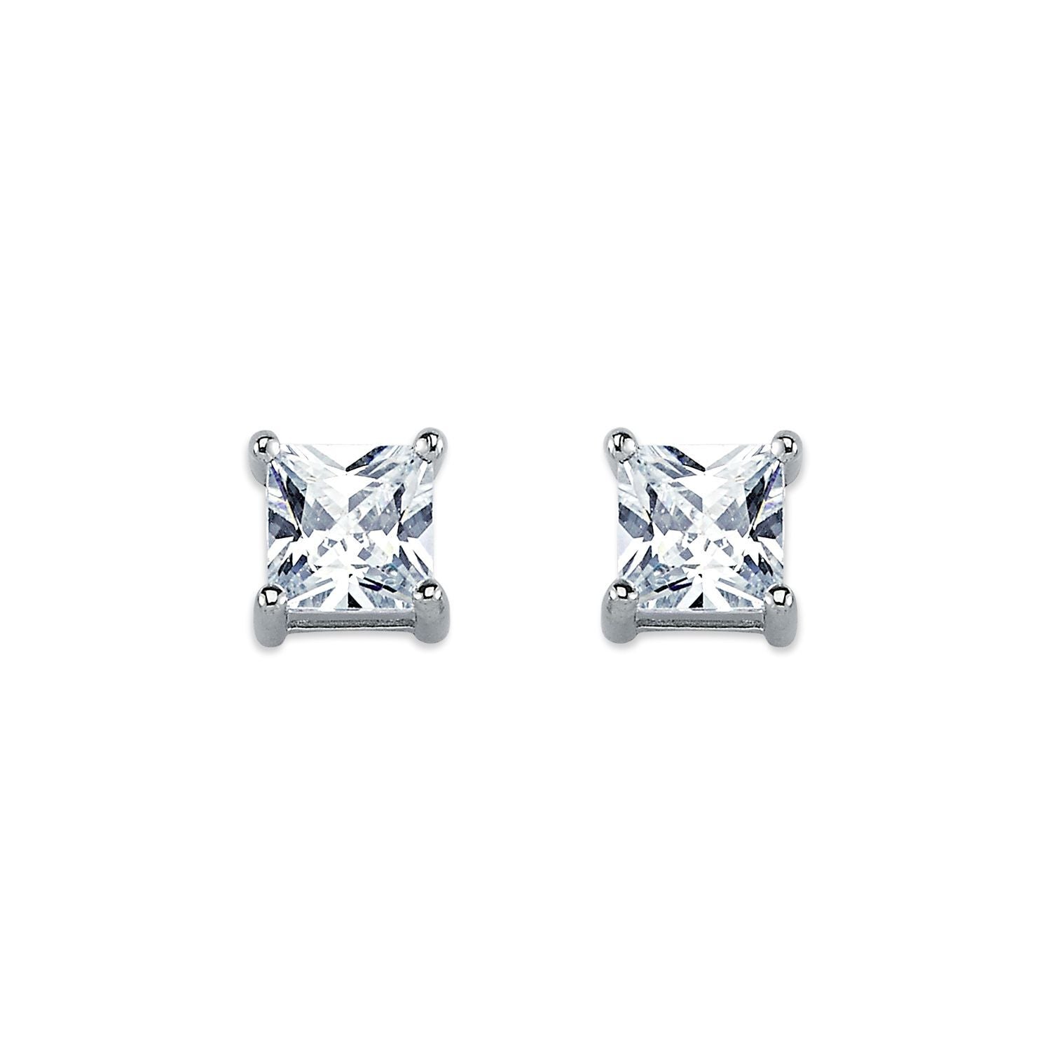 Womens Rhodium Silver  Princess CZ Solitaire Stud Earrings 6mm - AES056A