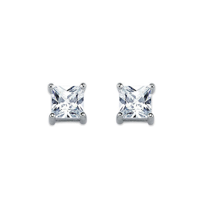 Womens Rhodium Silver  Princess CZ Solitaire Stud Earrings 6mm - AES056A