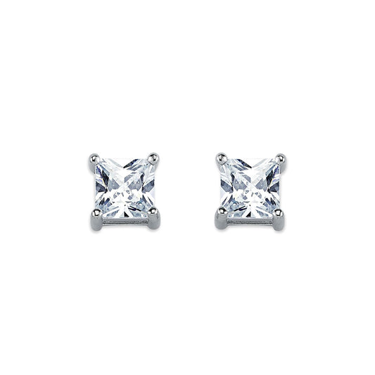 Womens Rhodium Silver  Princess CZ Solitaire Stud Earrings 6mm - AES056A