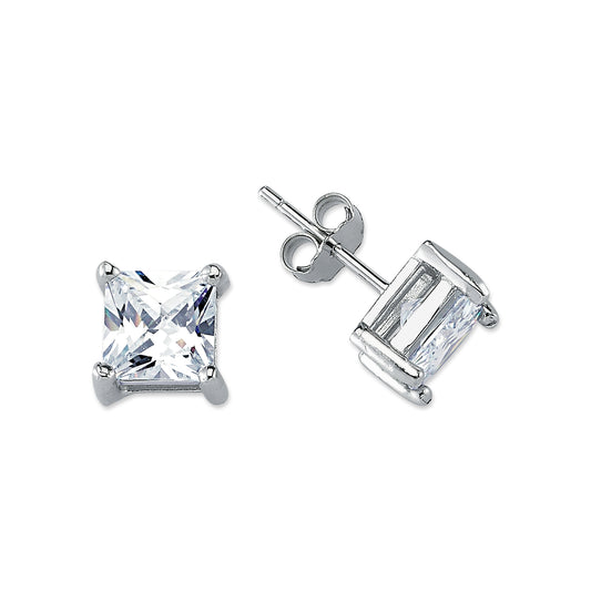 Womens Rhodium Silver  Princess CZ Solitaire Stud Earrings 7mm - AES056B