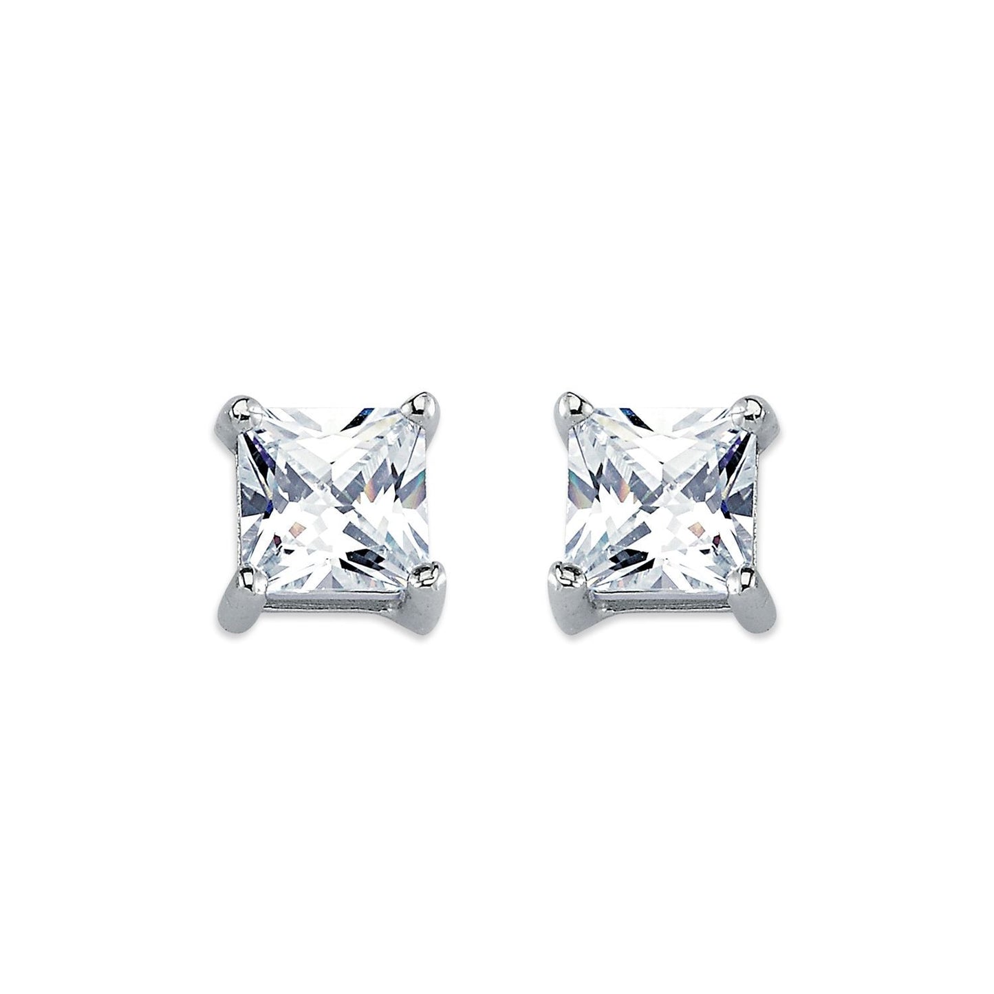 Womens Rhodium Silver  Princess CZ Solitaire Stud Earrings 7mm - AES056B