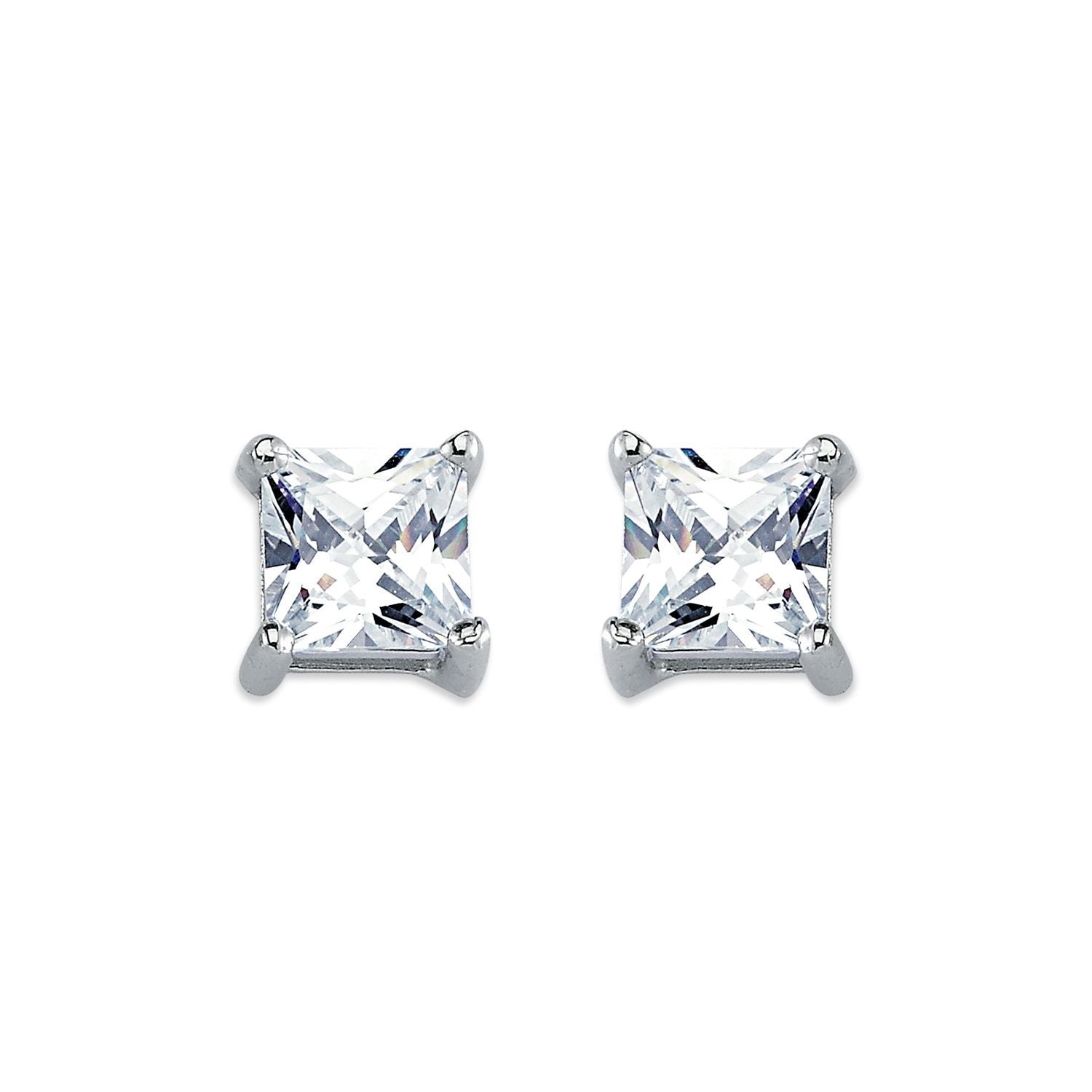 Womens Rhodium Silver  Princess CZ Solitaire Stud Earrings 7mm - AES056B