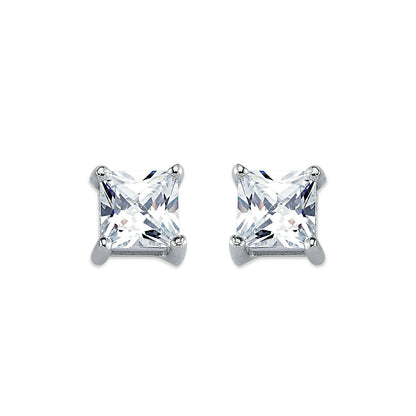 Womens Rhodium Silver  Princess CZ Solitaire Stud Earrings 7mm - AES056B