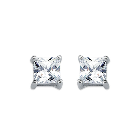 Womens Rhodium Silver  Princess CZ Solitaire Stud Earrings 7mm - AES056B