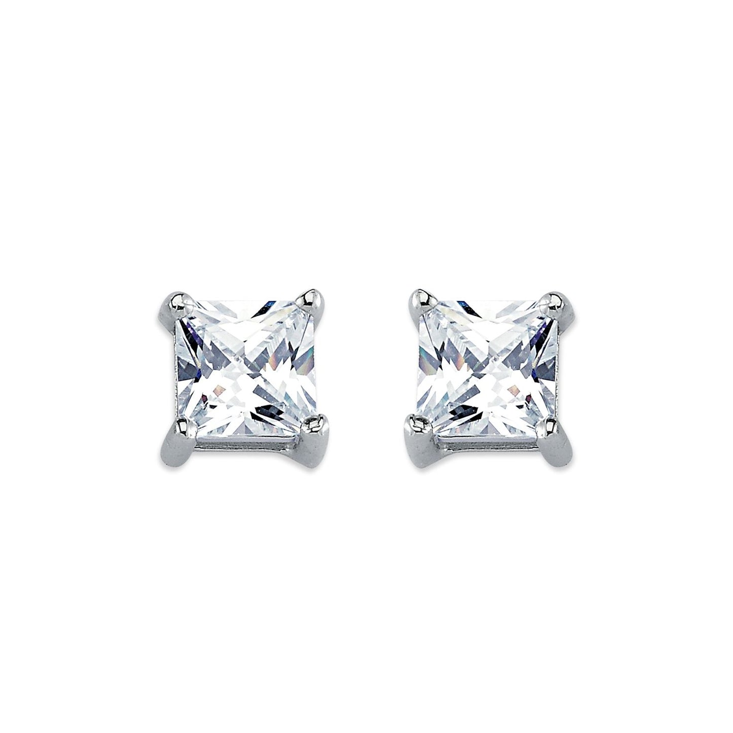 Womens Rhodium Silver  Princess CZ Solitaire Stud Earrings 7mm - AES056B