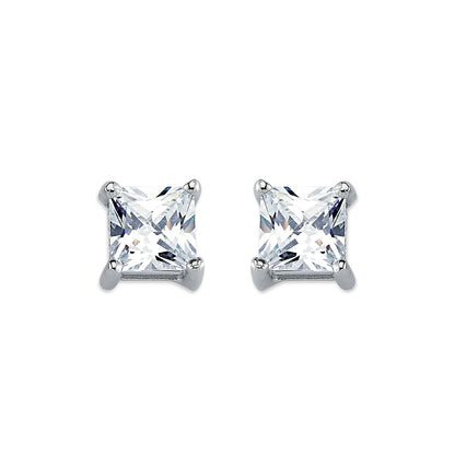 Womens Rhodium Silver  Princess CZ Solitaire Stud Earrings 7mm - AES056B